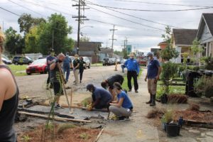 Volunteers install stormwater features along a demonstration block in the Seventh Ward, New Orleans
